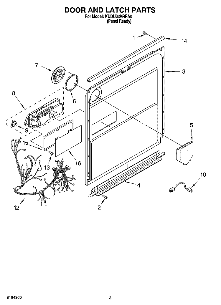 DOOR AND LATCH PARTS Diagram and Parts List for KUDU02VRPA0  KitchenAid Dishwasher