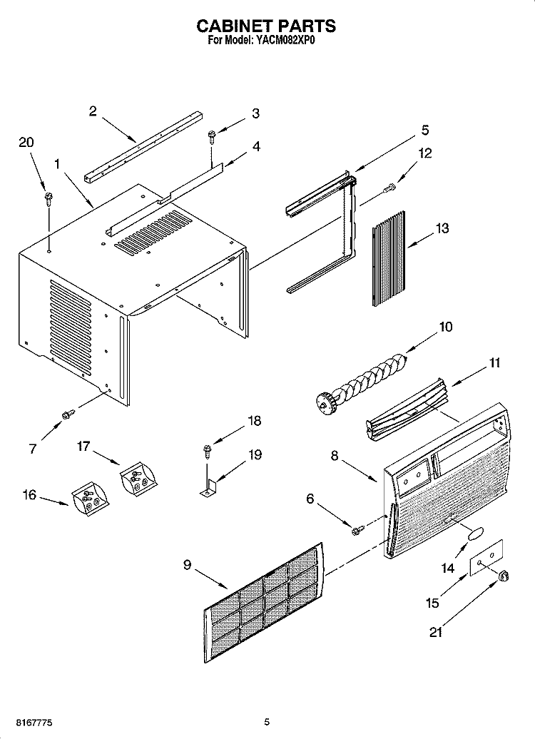 CABINET PARTS, OPTIONAL PARTS (NOT INCLUDED) Diagram and Parts List for YACM082XP0  Whirlpool Air Conditioner
