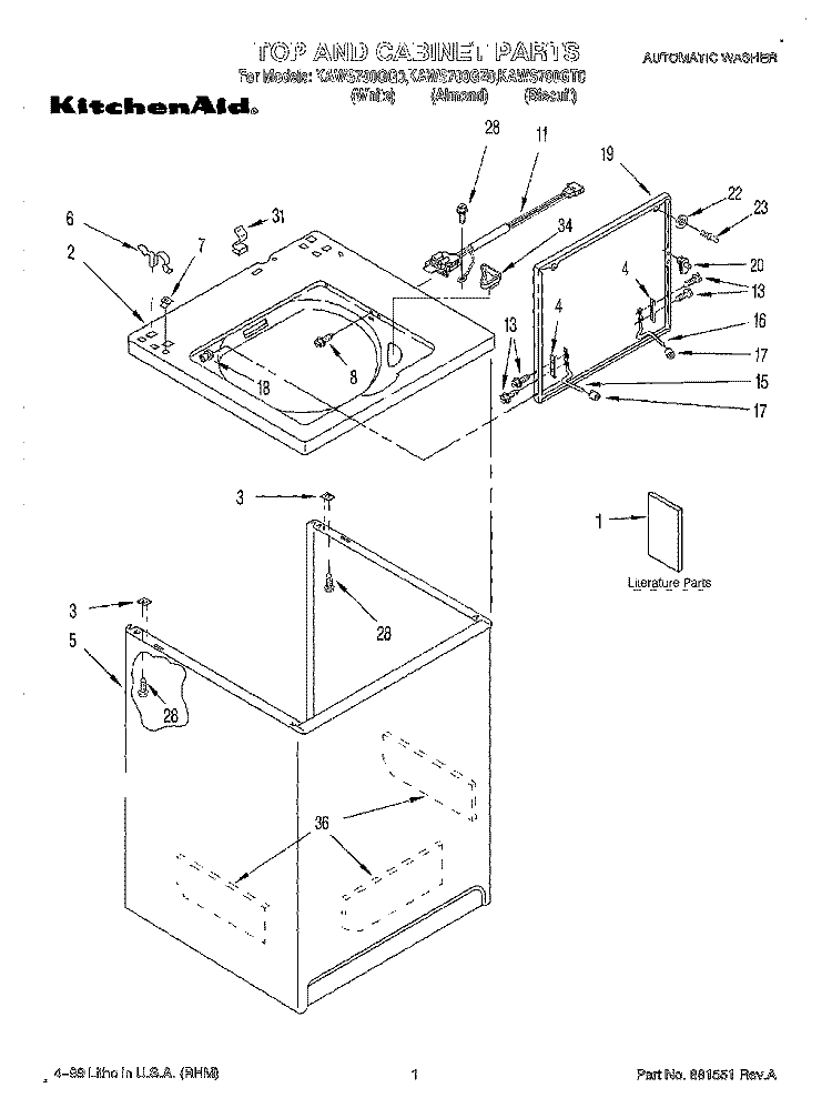TOP AND CABINET, LITERATURE Diagram and Parts List for KAWS700GQ0  KitchenAid Washer