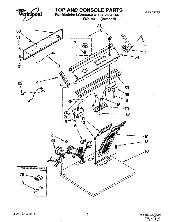 TOP AND CONSOLE, LIT/OPTIONAL Diagram and Parts List for LGV6646AW0  Whirlpool Dryer