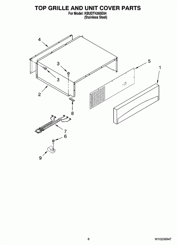 TOP GRILLE AND UNIT COVER PARTS Diagram and Parts List for KBUDT4265E04  KitchenAid Refrigerator