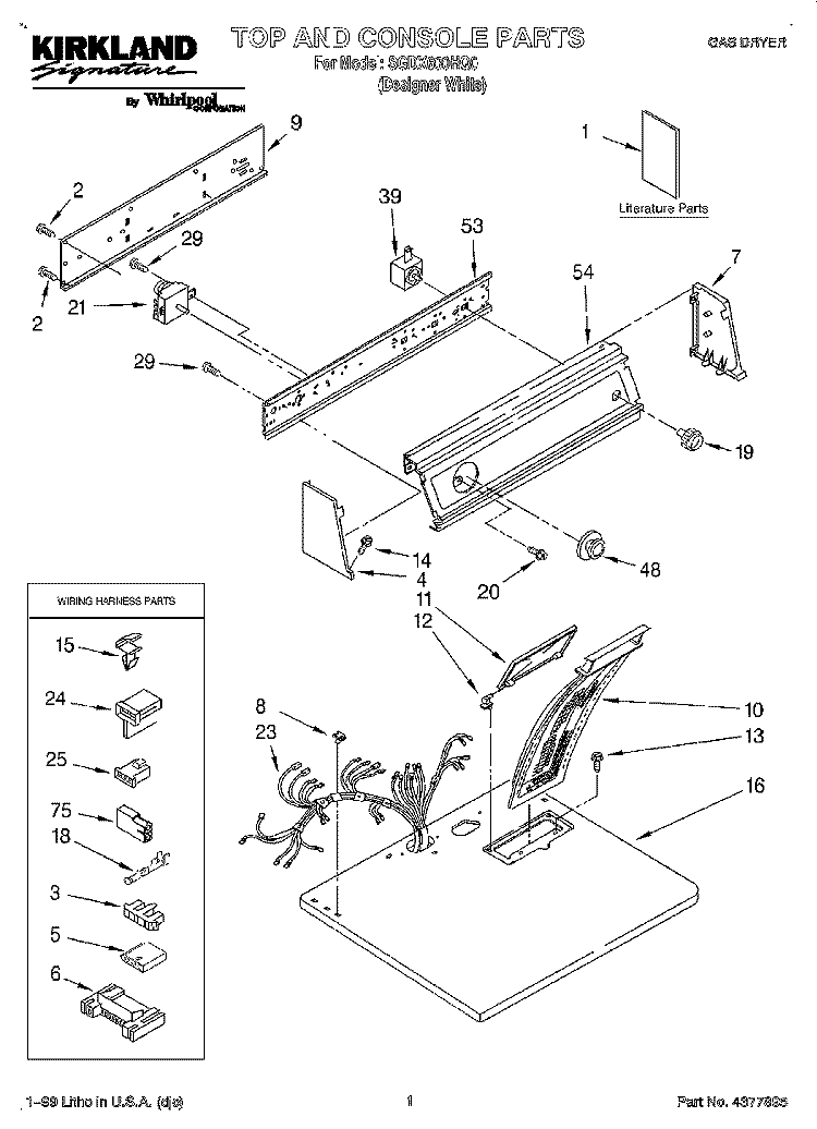 TOP AND CONSOLE, LIT/OPTIONAL Diagram and Parts List for SGDX600HQ0  Whirlpool Dryer