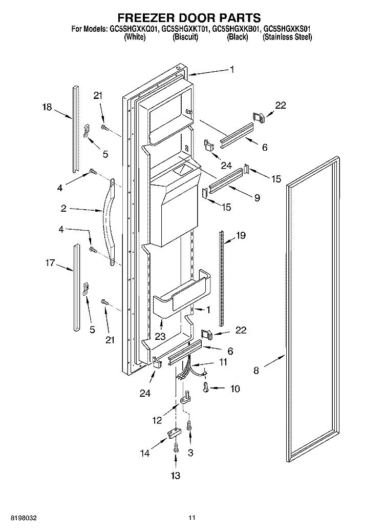 FREEZER DOOR Diagram and Parts List for GC5SHGXKB01  Whirlpool Refrigerator