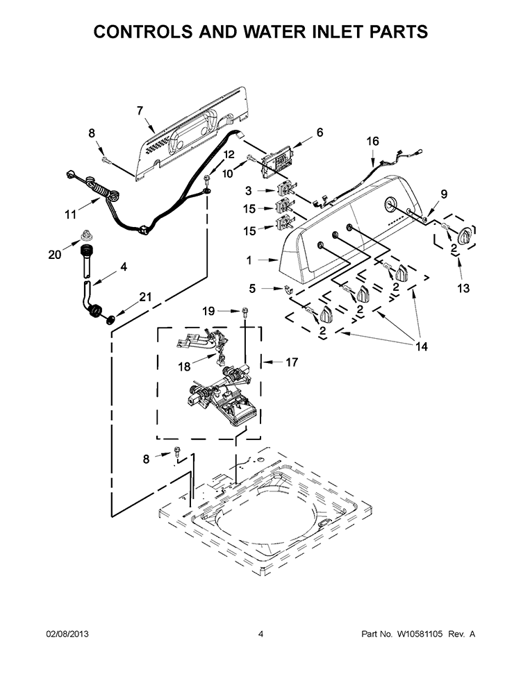CONTROLS AND WATER INLET PARTS Diagram and Parts List for 7MWTW1700BQ0  Whirlpool Washer