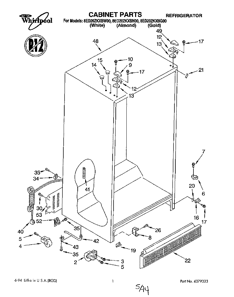 CABINET Diagram and Parts List for 8ED20ZKXBW00  Whirlpool Refrigerator