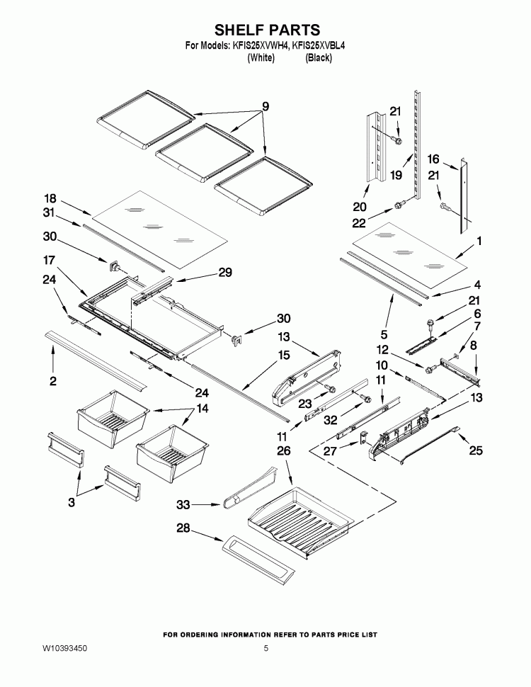 SHELF PARTS Diagram and Parts List for KFIS25XVBL4  KitchenAid Refrigerator