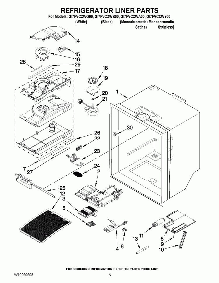REFRIGERATOR LINER PARTS Diagram and Parts List for GI7FVCXWQ00  Whirlpool Refrigerator