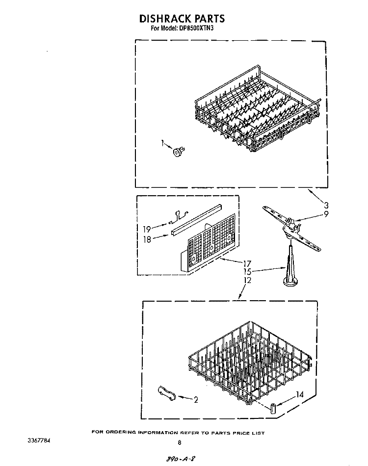 DISHRACK Diagram and Parts List for DP8500XTN3  Whirlpool Dishwasher