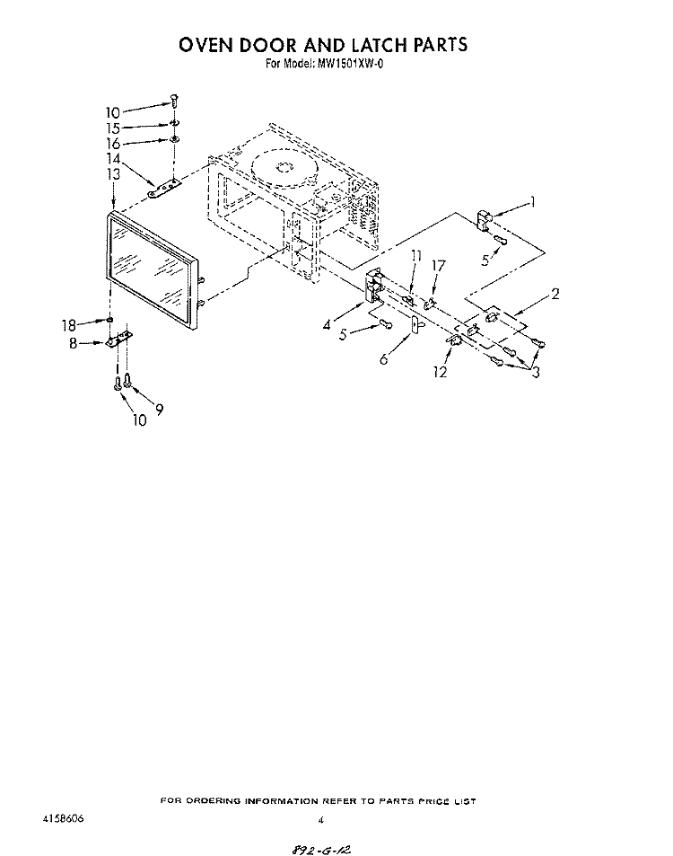OVEN DOOR AND LATCH Diagram and Parts List for MW1501XW0  Whirlpool Microwave