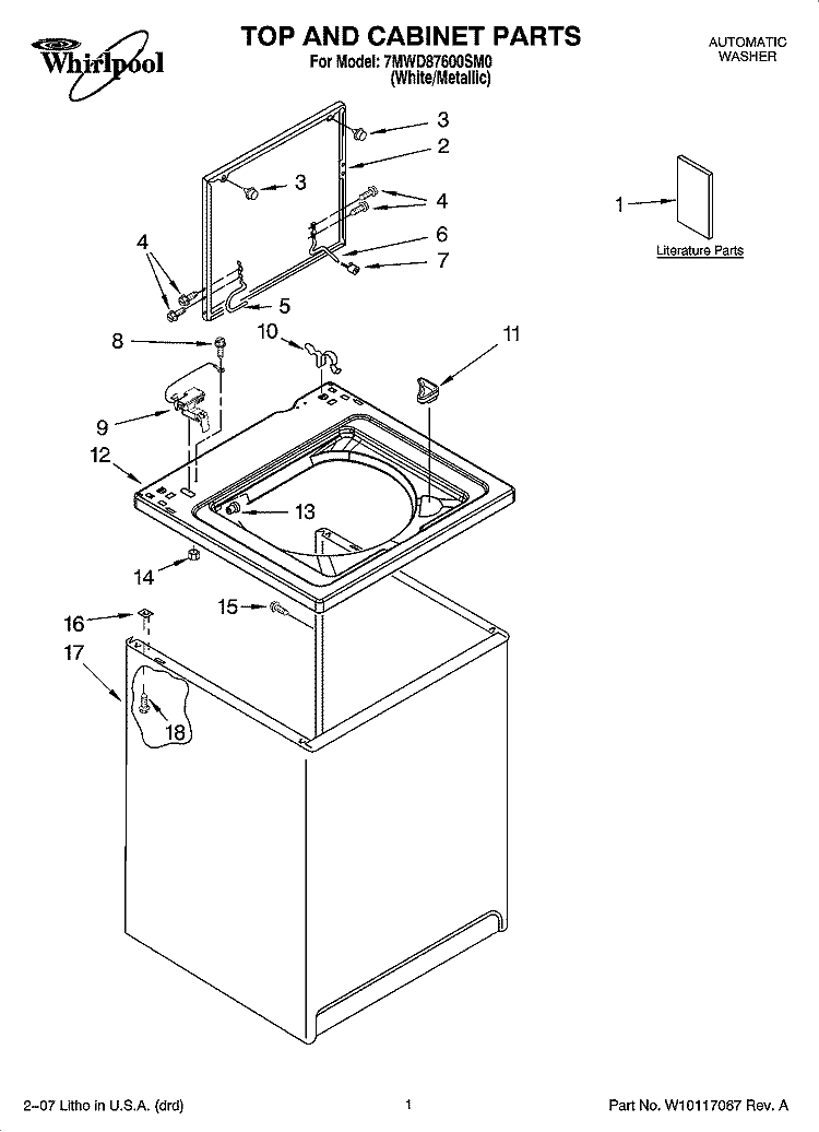 TOP AND CABINET PARTS Diagram and Parts List for 7MWD87600SM0  Whirlpool Washer