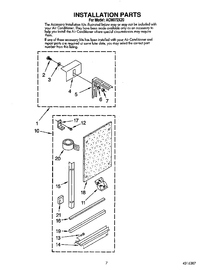 INSTALLATION PARTS Diagram and Parts List for ACM072XZ0  Whirlpool Air Conditioner