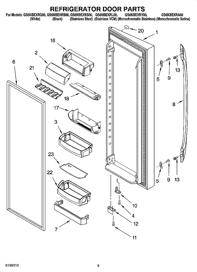 REFRIGERATOR DOOR PARTS Diagram and Parts List for GS6NBEXRY00  Whirlpool Refrigerator