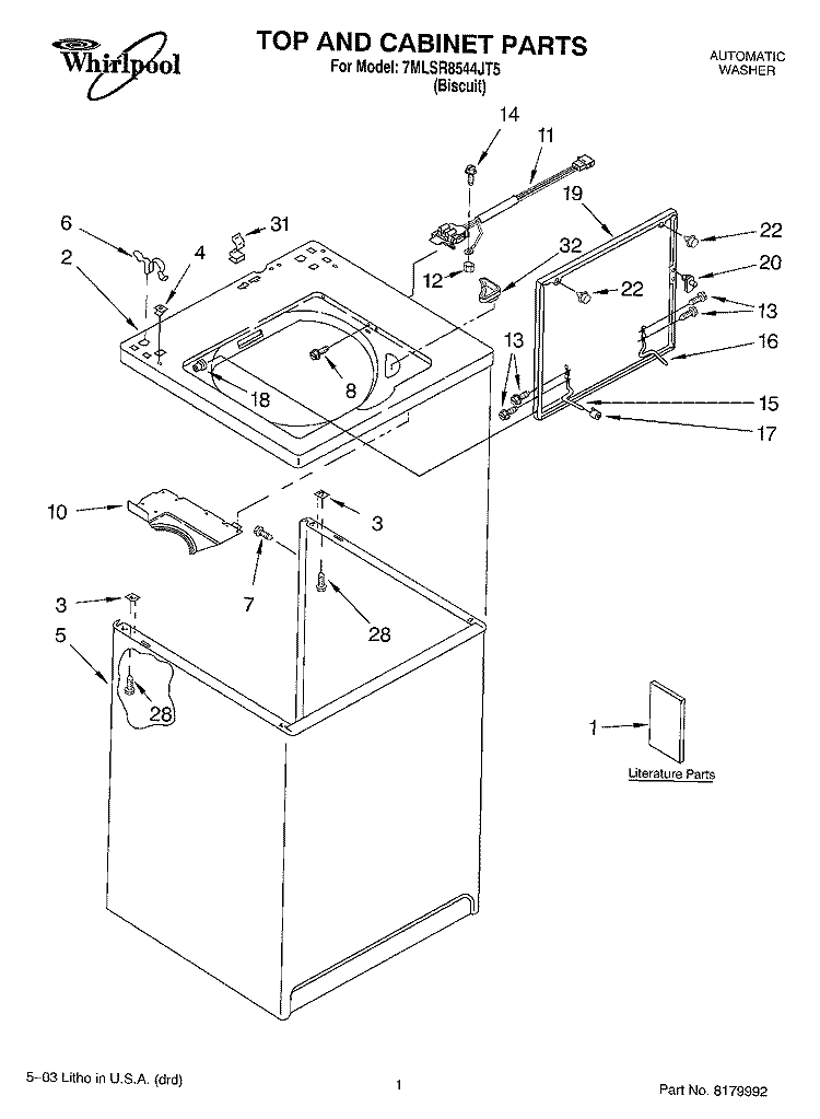 TOP AND CABINET PARTS Diagram and Parts List for 7MLSR8544JT5  Whirlpool Washer