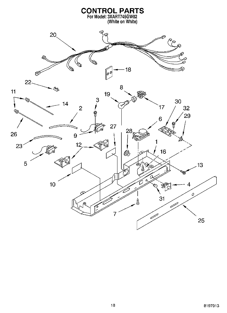 CONTROL Diagram and Parts List for 3XART745GW02  Whirlpool Refrigerator