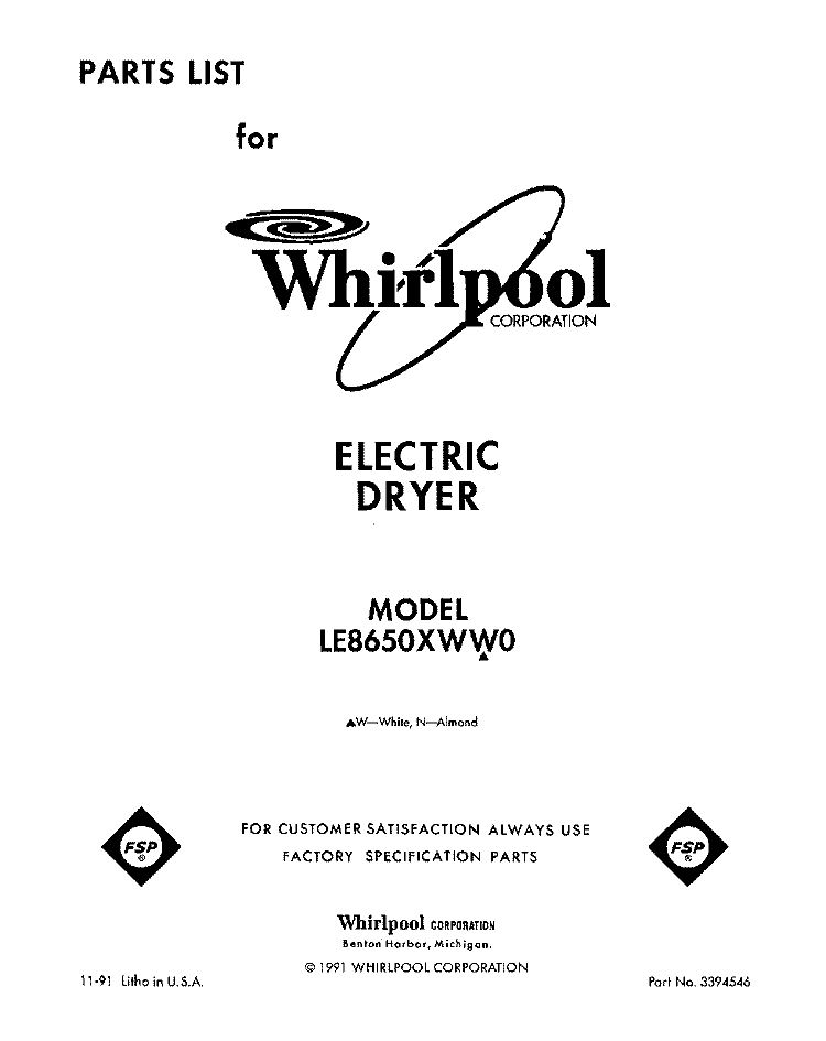 SECTION Diagram and Parts List for LE8650XWW0  Whirlpool Dryer