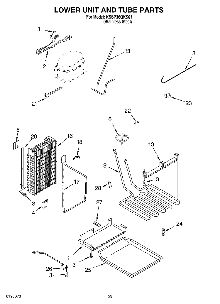 LOWER UNIT AND TUBE Diagram and Parts List for KSSP36QKS01  KitchenAid Refrigerator