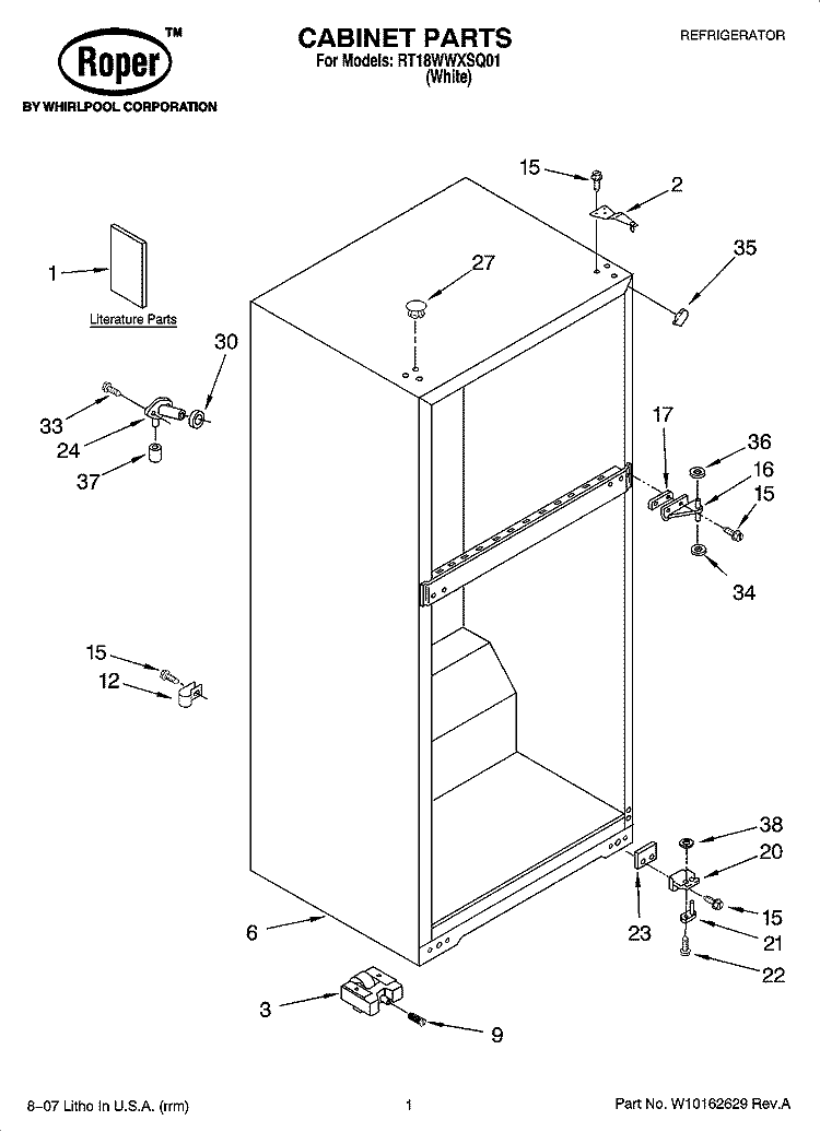 CABINET PARTS Diagram and Parts List for RT18WWXSQ01  Roper Refrigerator