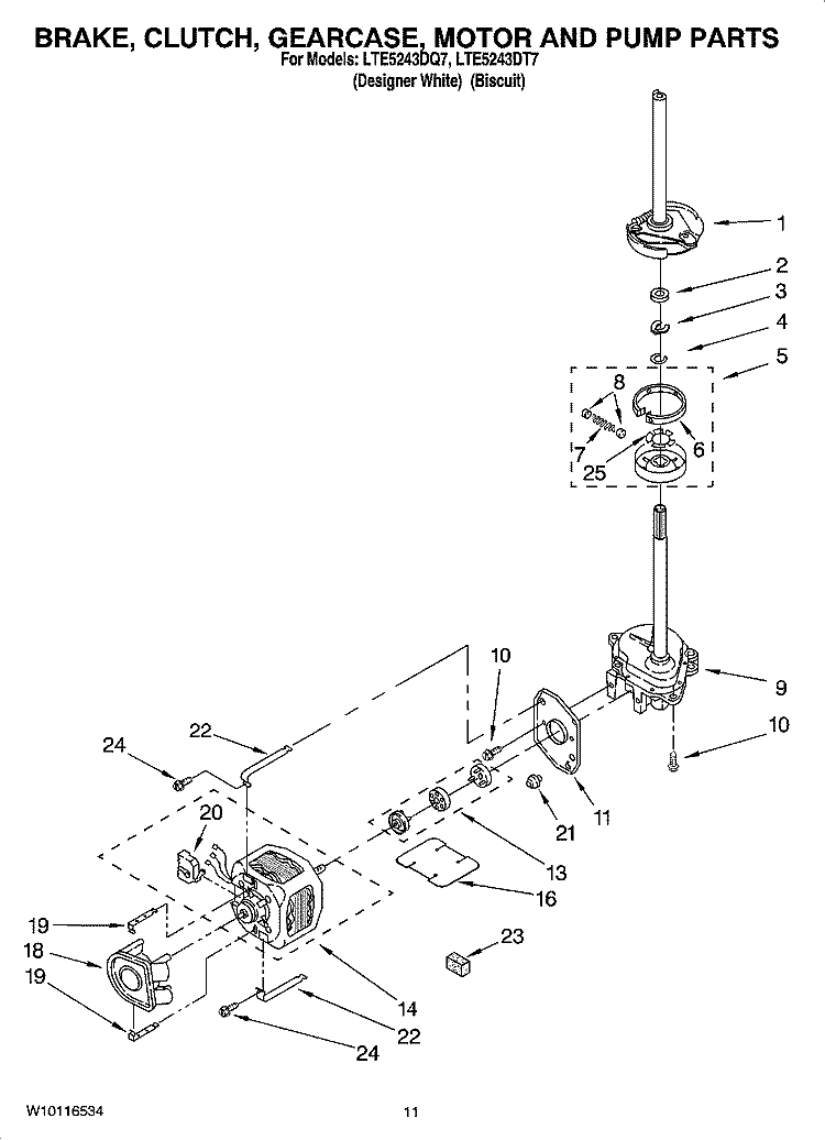 BRAKE, CLUTCH, GEARCASE, MOTOR AND PUMP PARTS Diagram and Parts List for LTE5243DT7  Whirlpool Washer Dryer Combo