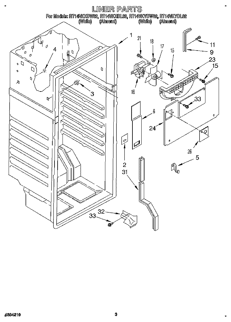 LINER Diagram and Parts List for RT14VKXDL02  Roper Refrigerator