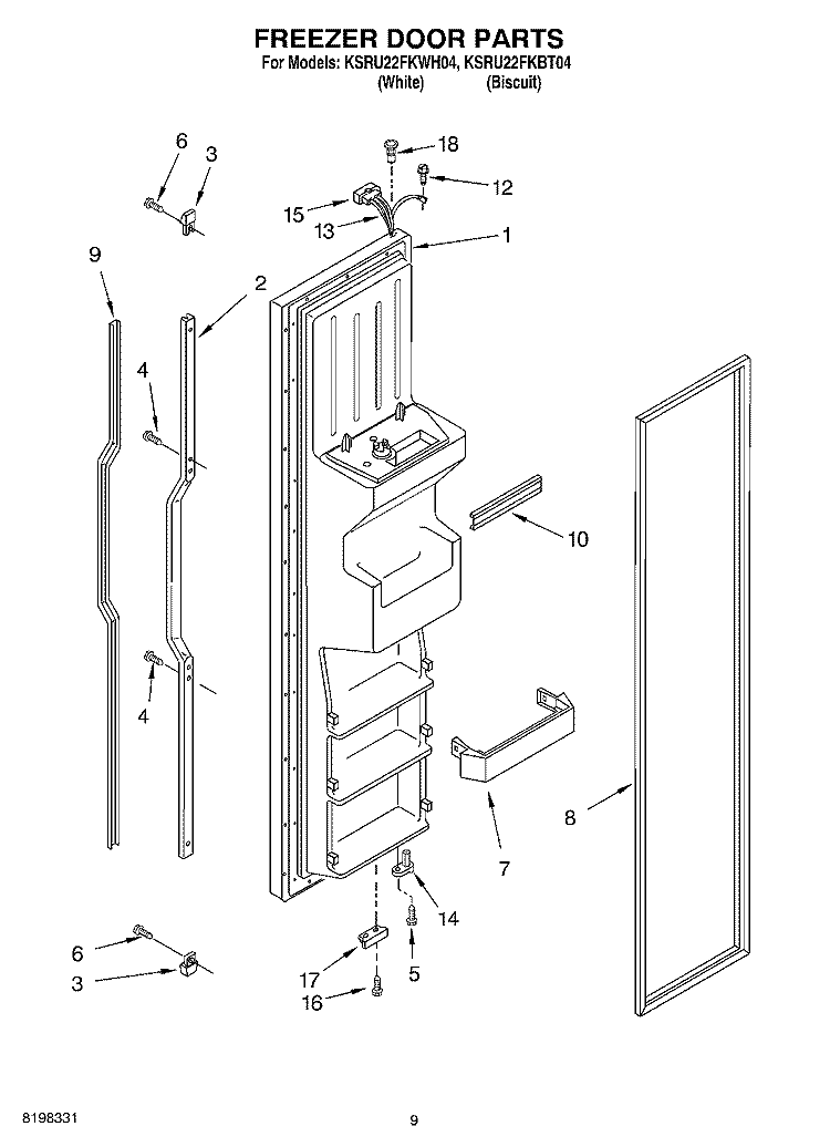 FREEZER DOOR Diagram and Parts List for KSRU22FKWH04  KitchenAid Refrigerator