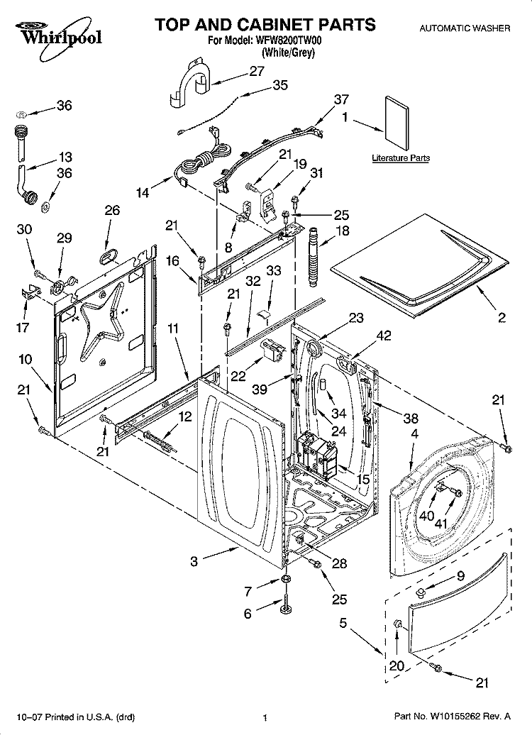 TOP AND CABINET PARTS Diagram and Parts List for WFW8200TW00  Whirlpool Washer