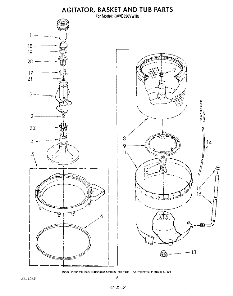 AGITATOR, BASKET AND TUB Diagram and Parts List for KAWE550VAL0  KitchenAid Washer