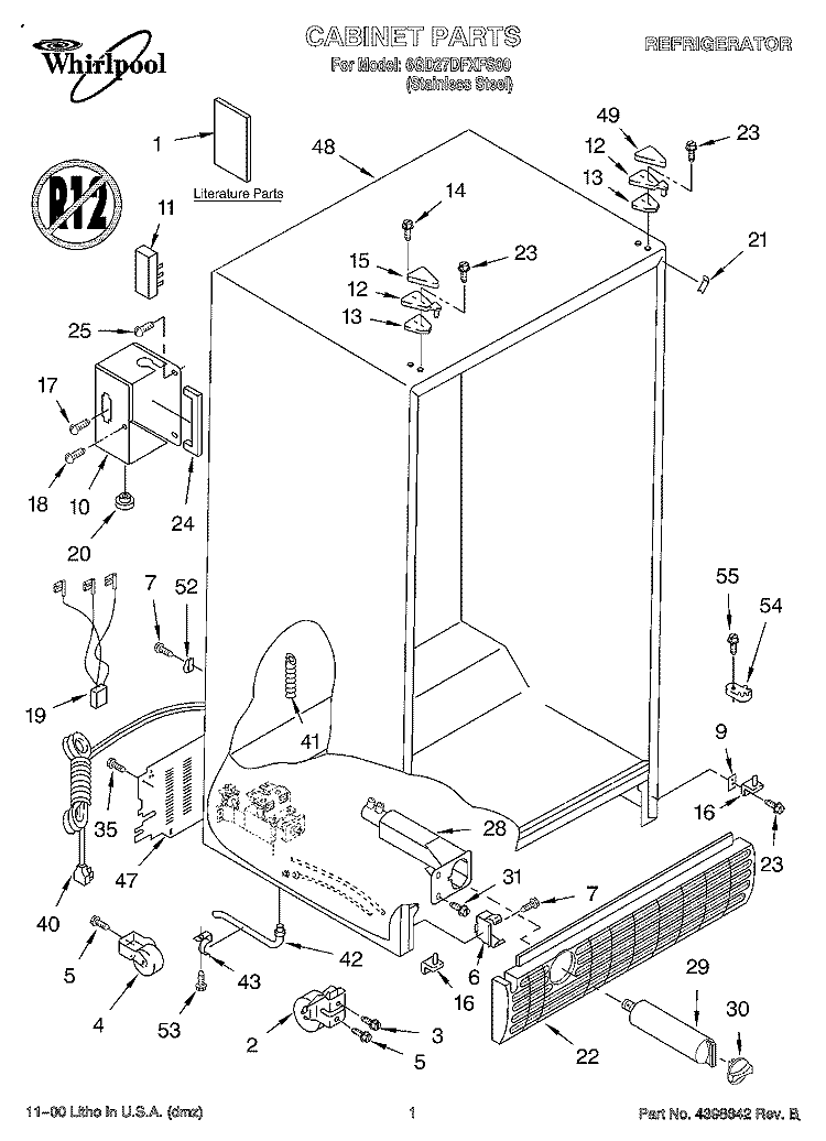 CABINET, LITERATURE Diagram and Parts List for 6GD27DFXFS00  Whirlpool Refrigerator