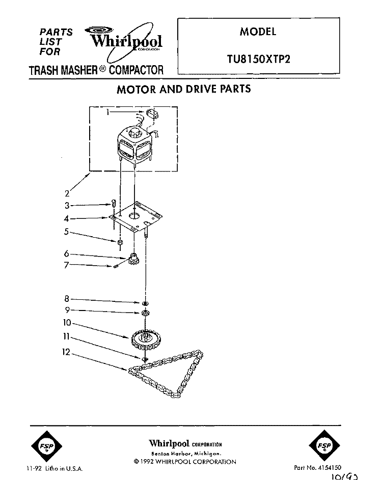 MOTOR AND DRIVE, LIT/OPTIONAL Diagram and Parts List for TU8150XTP2  Whirlpool Trash Compactor