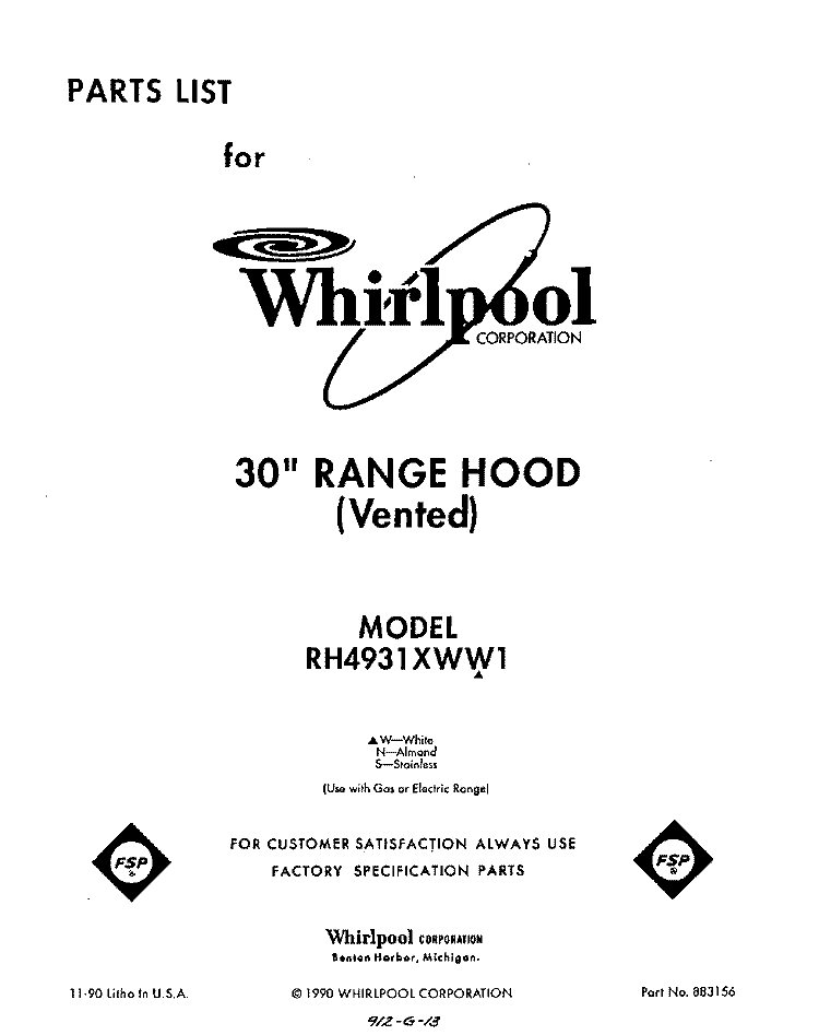 SECTION Diagram and Parts List for RH4931XWS1  Whirlpool Range Hood