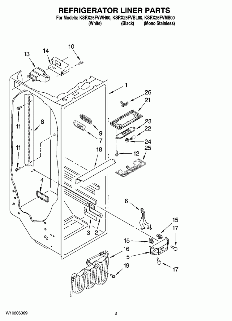REFRIGERATOR LINER PARTS Diagram and Parts List for KSRX25FVMS00  KitchenAid Refrigerator