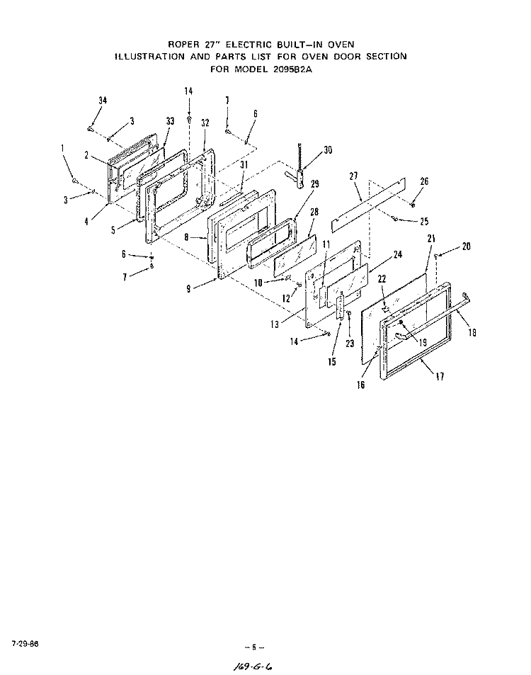 OVEN DOOR Diagram and Parts List for 2095B2A  Roper Range
