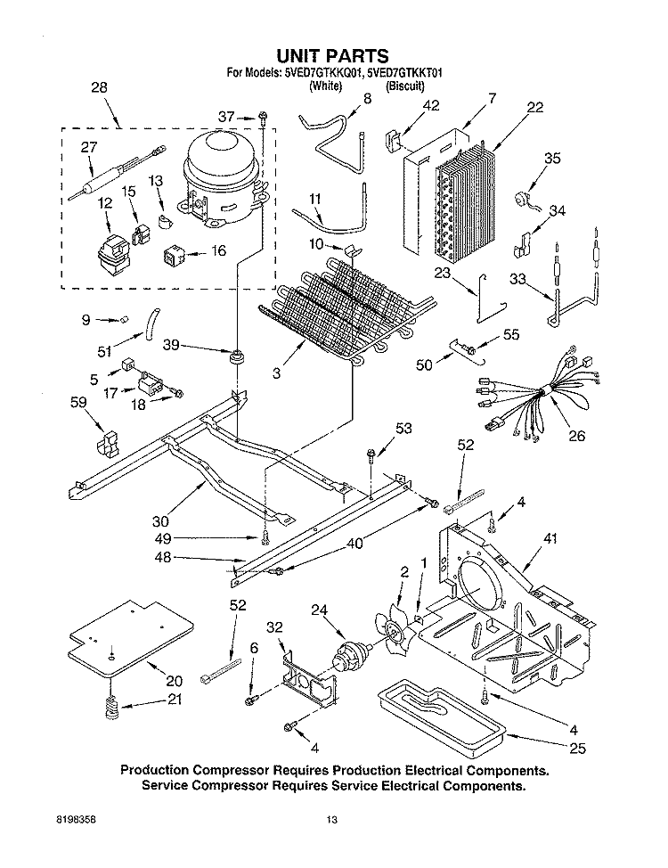 UNIT PARTS, PARTS NOT ILLUSTRATED Diagram and Parts List for 5VED7GTKKQ01  Whirlpool Refrigerator