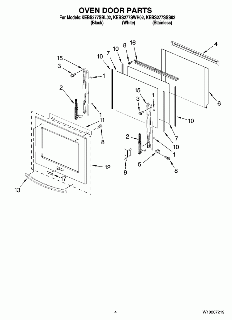 OVEN DOOR PARTS Diagram and Parts List for KEBS277SBL02  KitchenAid Wall Oven