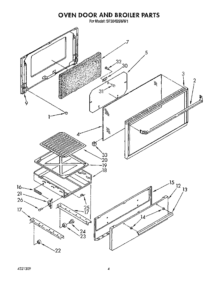 OVEN DOOR AND BROILER Diagram and Parts List for SF304BSWW1  Whirlpool Range
