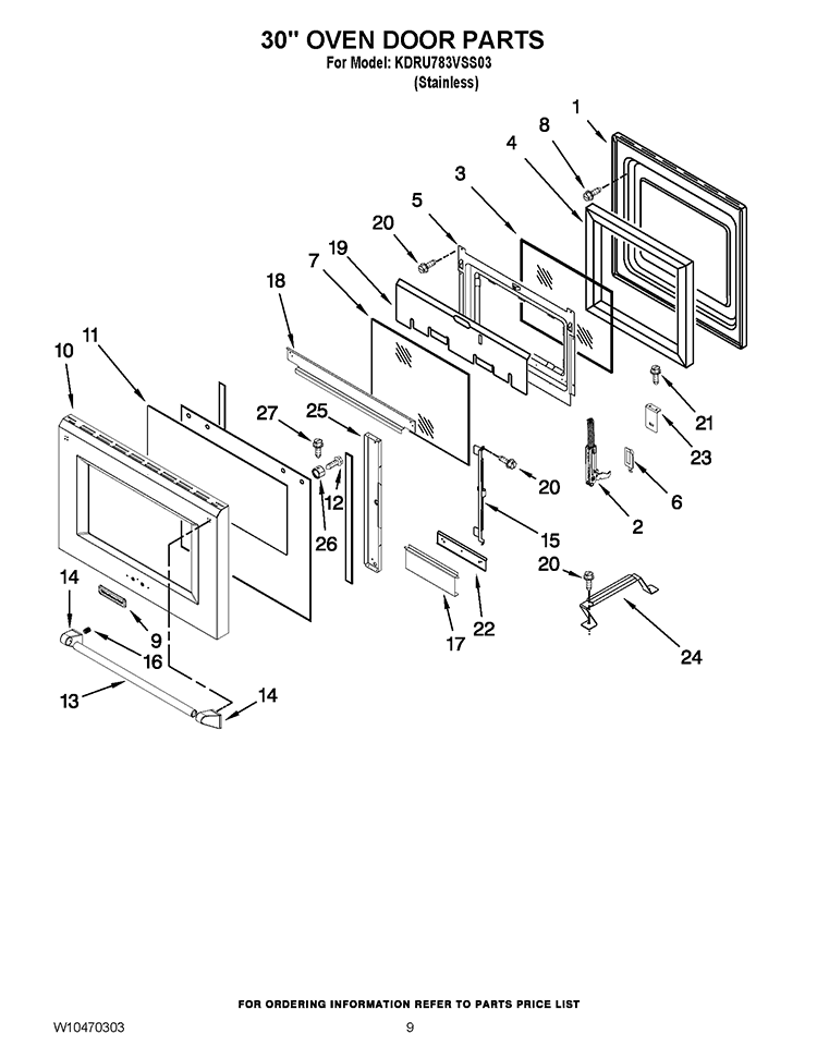 30`` OVEN DOOR PARTS Diagram and Parts List for KDRU783VSS03  KitchenAid Range