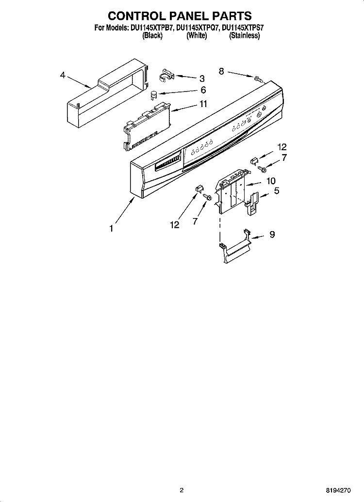 CONTROL PANEL PARTS Diagram and Parts List for DU1145XTPQ7  Whirlpool Dishwasher