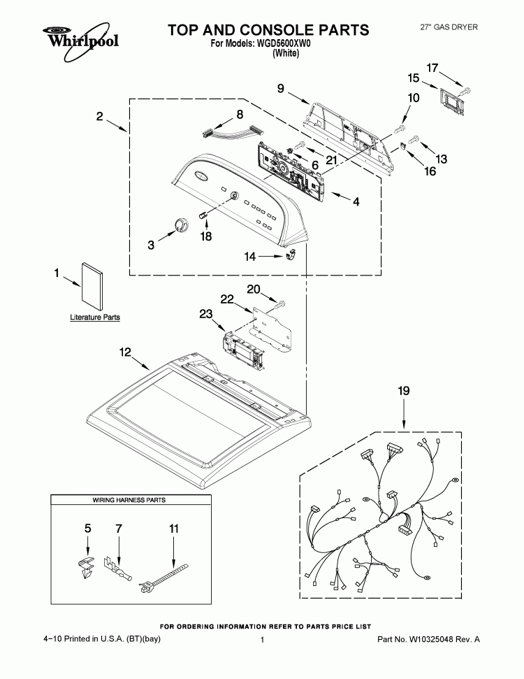 TOP AND CONSOLE PARTS Diagram and Parts List for WGD5600XW0  Whirlpool Dryer
