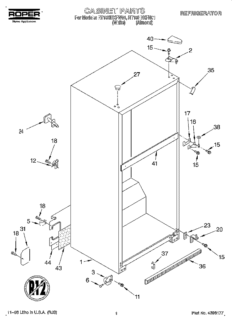 CABINET Diagram and Parts List for RT18HDXFW01  Roper Refrigerator