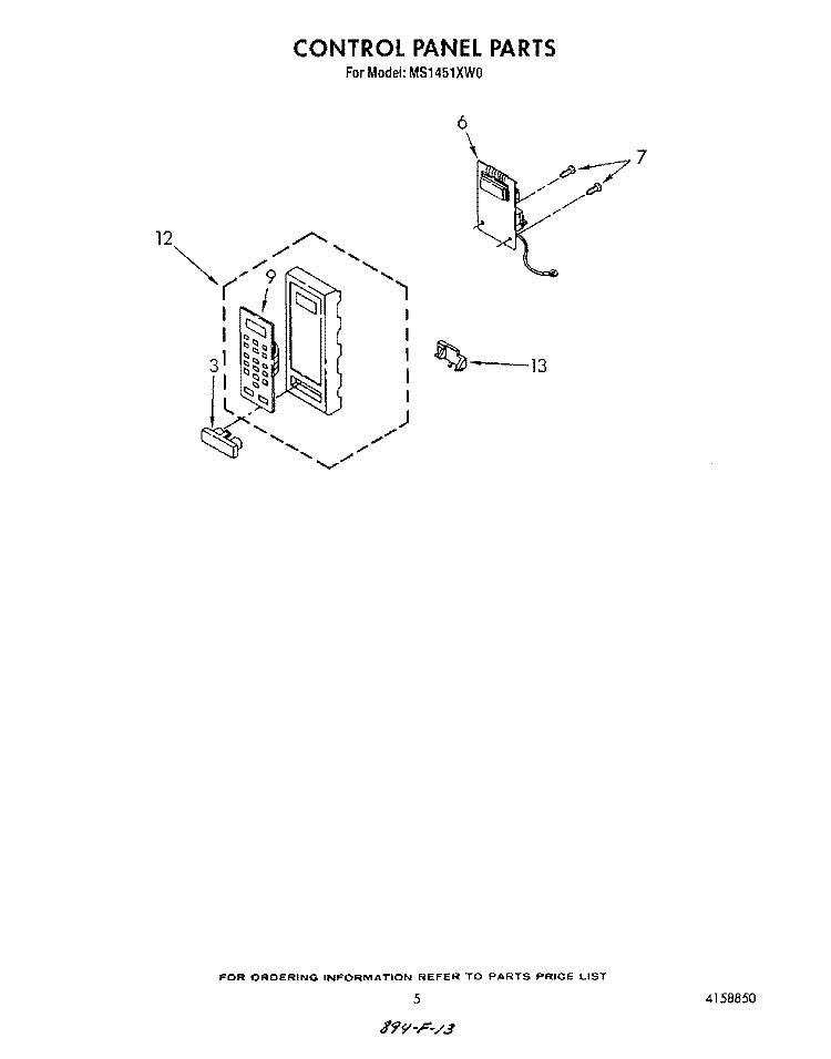 CONTROL PANEL Diagram and Parts List for MS1451XW0  Whirlpool Wall Oven