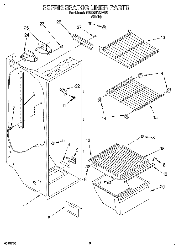 REFRIGERATOR LINER Diagram and Parts List for RS20EKXDW00  Roper Refrigerator