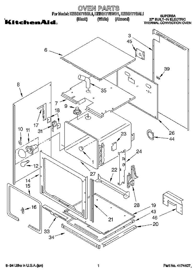OVEN Diagram and Parts List for KEBS177BWH1  KitchenAid Wall Oven