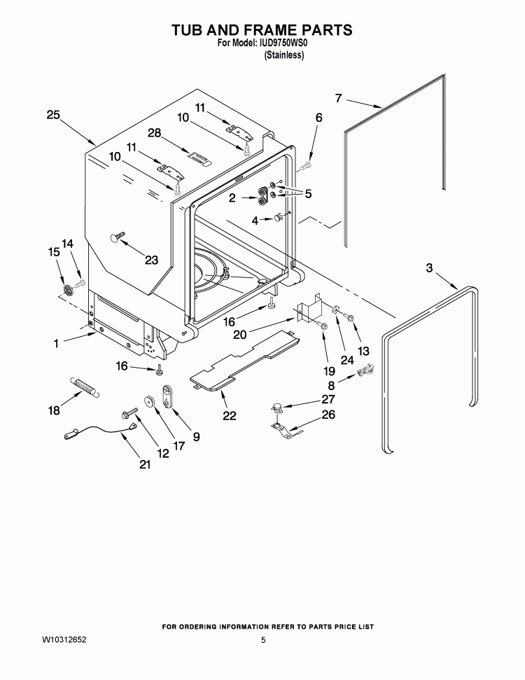 TUB AND FRAME PARTS Diagram and Parts List for IUD9750WS0  Whirlpool Dishwasher