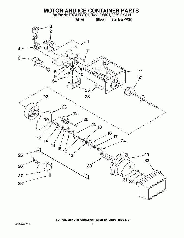 MOTOR AND ICE CONTAINER PARTS Diagram and Parts List for ED2VHEXVB01  Whirlpool Refrigerator