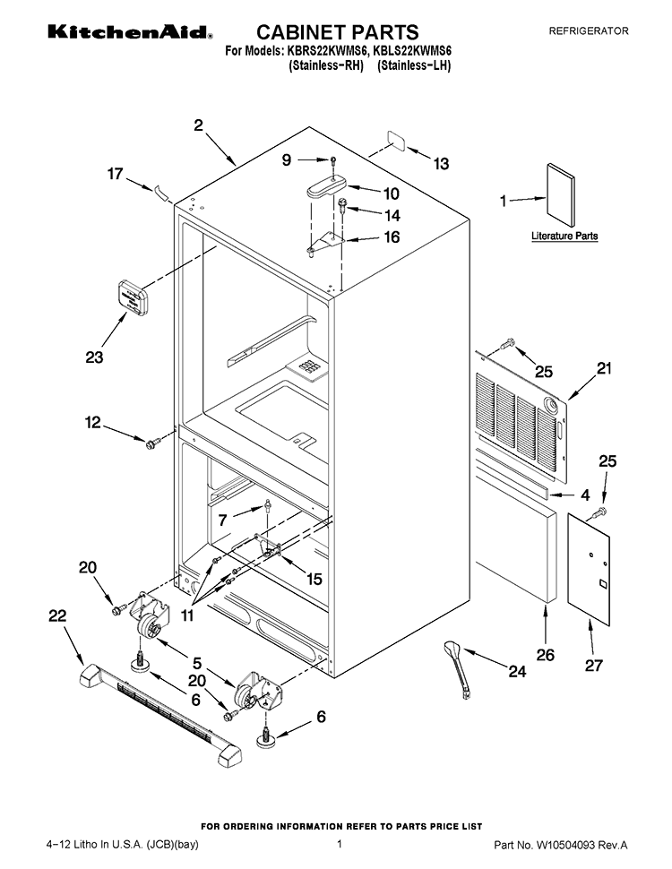 CABINET PARTS Diagram and Parts List for KBRS22KWMS6  KitchenAid Refrigerator