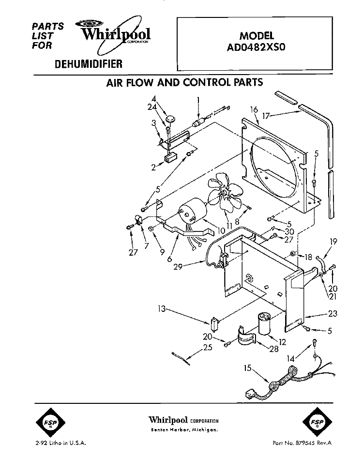 SECTION Diagram and Parts List for AD0482XS0  Whirlpool Dehumidifier