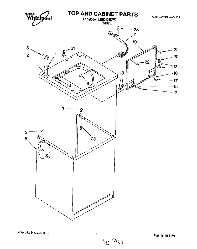 TOP AND CABINET, LIT/OPTIONAL Diagram and Parts List for LBR2121DW0  Whirlpool Washer