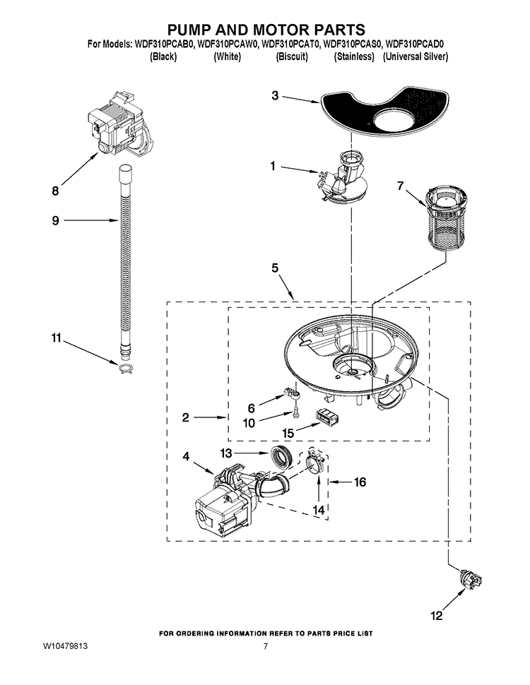 PUMP AND MOTOR PARTS Diagram and Parts List for WDF310PCAT0  Whirlpool Dishwasher