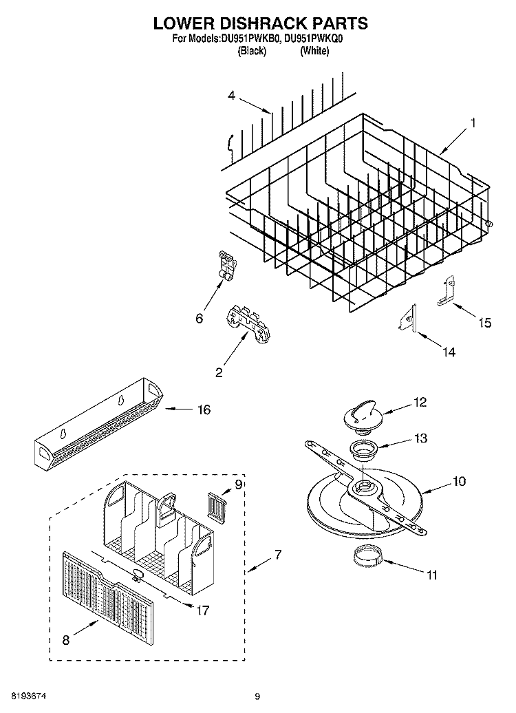 LOWER DISHRACK Diagram and Parts List for DU951PWKQ0  Whirlpool Dishwasher