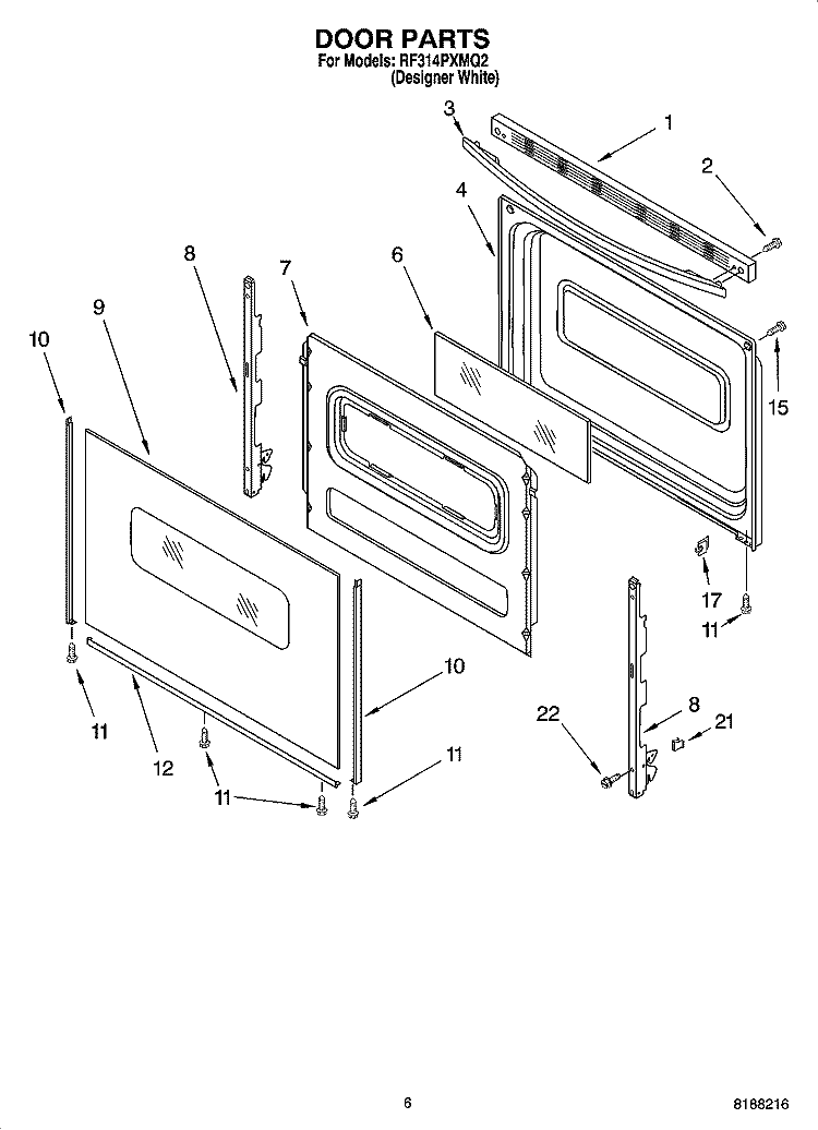 DOOR PARTS, OPTIONAL PARTS Diagram and Parts List for RF314PXMQ2  Whirlpool Range