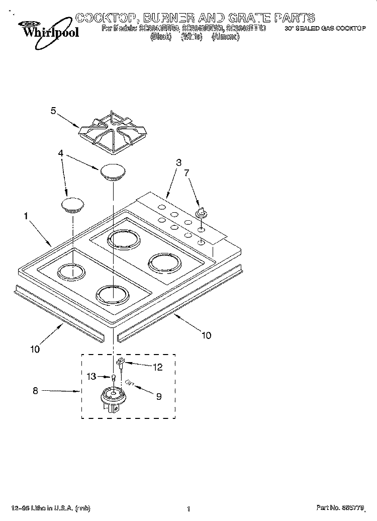 COOKTOP, BURNER AND GRATE Diagram and Parts List for SC8640EEB0  Whirlpool Cooktop